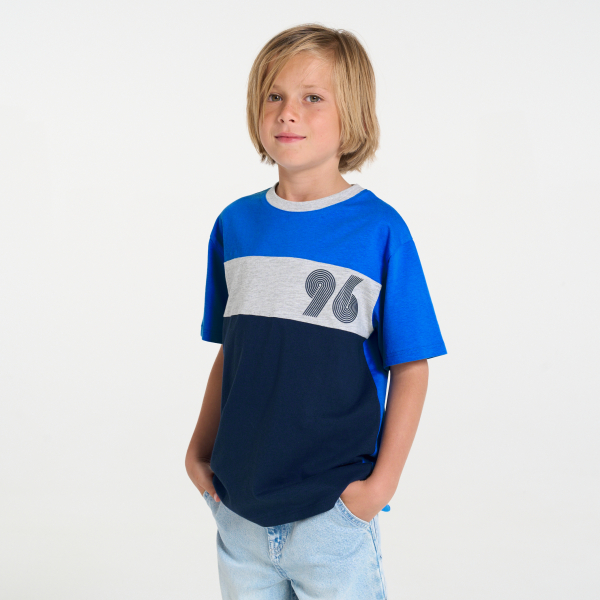 تيشيرت بأكمام قصيرة، بكتلة لون أزرق، للفتيان.الصغار.